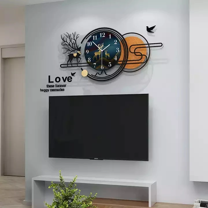 

The living room is decorated with silent clock lights luxury art creativity iron deer clock art wall clock