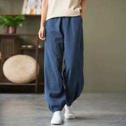 Summer Cotton Linen Harem Pants for Women Solid  Elastic Waist Loose Lantern Pants with Pockets Baggy Women's Capri Trousers