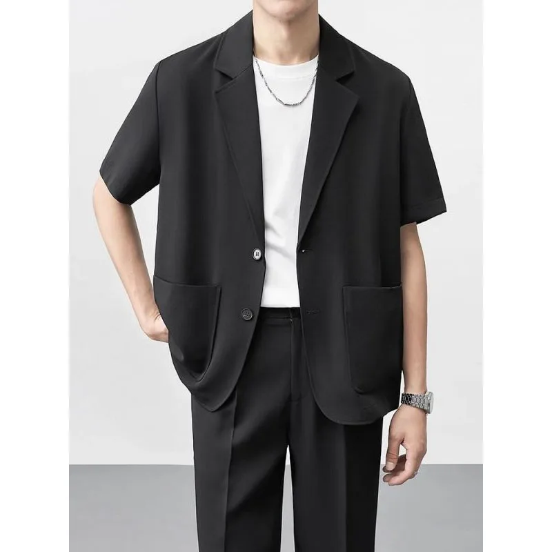 Business Casual Summer New Men's Solid Color Short Sleeve Notched Button Patchwork Pockets Classic Loose Blazer Pants Sets