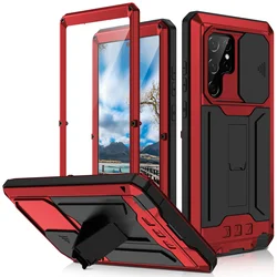 Ultimate 360° Protection Heavy Metal Armor Case - Shockproof with Built - In Stand and Glass Cover - Galaxy S24 Plus (Red)