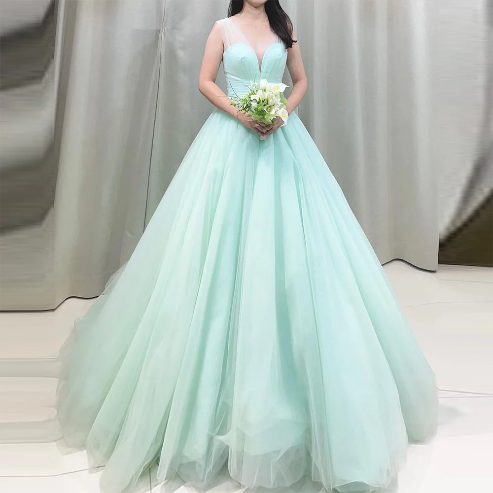 

Xijun Mint Green Tulle Evening Dresses Korea Women V-Neck Sleeveless Pleat Ruched A Line Princess Prom Gowns Formal Party Dress