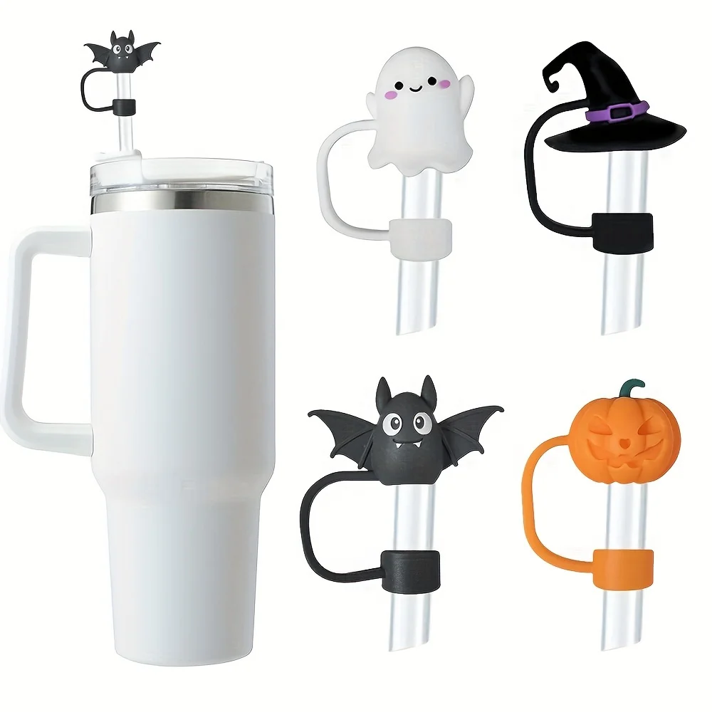 Halloween themed silicone straw cap-reusable, dust cover suitable for 10mm straw, ghost, bat, pumpkin, and wizard hat patterns