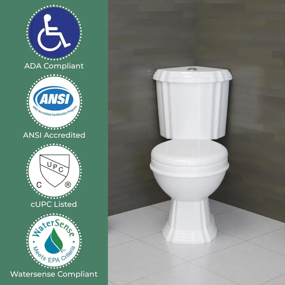 12" Corner Toilet, Dual Flush WaterSense, Slow Close Seat, White Round Bowl for Small Bathrooms