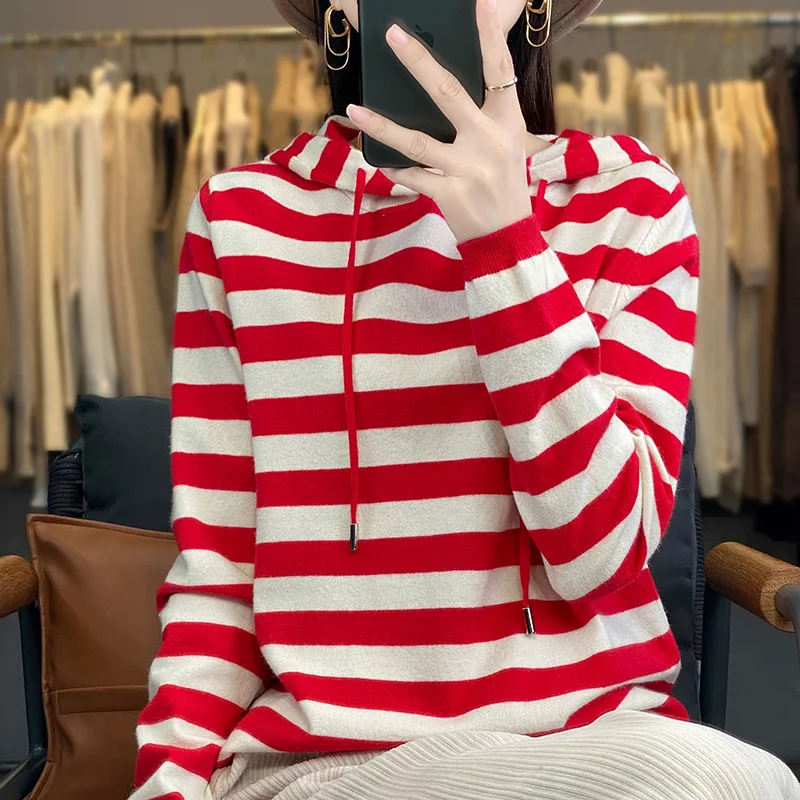 23 Autumn Winter New Knitwear Women's Hooded Long Sleeve Pullover Loose High Grade Stripe Colorblock Style Andy Velvet Knitwear
