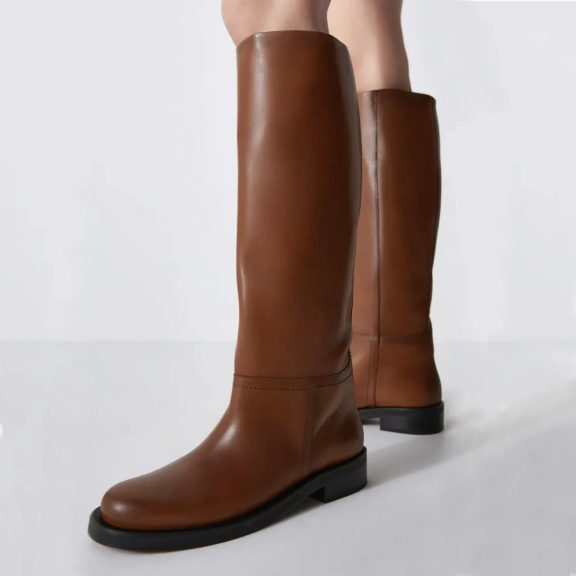 QUTAA Women Knee High Boots Full Cow Leather Med Heels Woman INS Office Lady Motorcycle Boots Long Winter Shoes 34-40