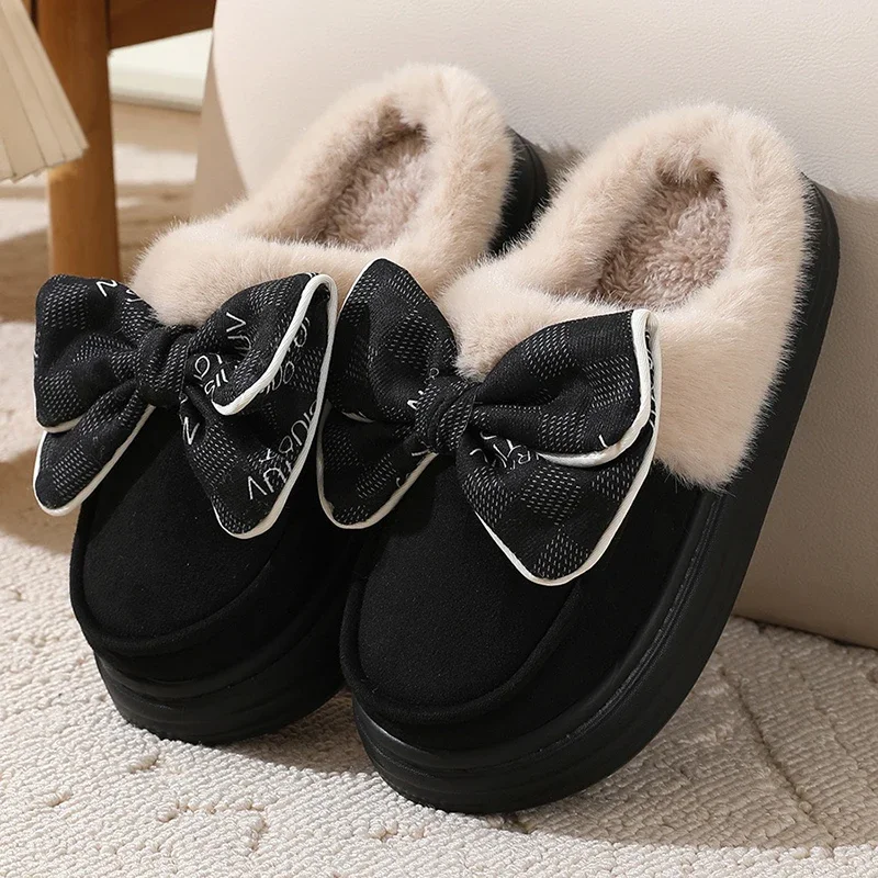 2025 Lovely Bowknot Platform Plush Slippers Women Thick Sole Non Slip Fur Winter Slides Woman Comfy Warm Home Cotton Shoes Mujer