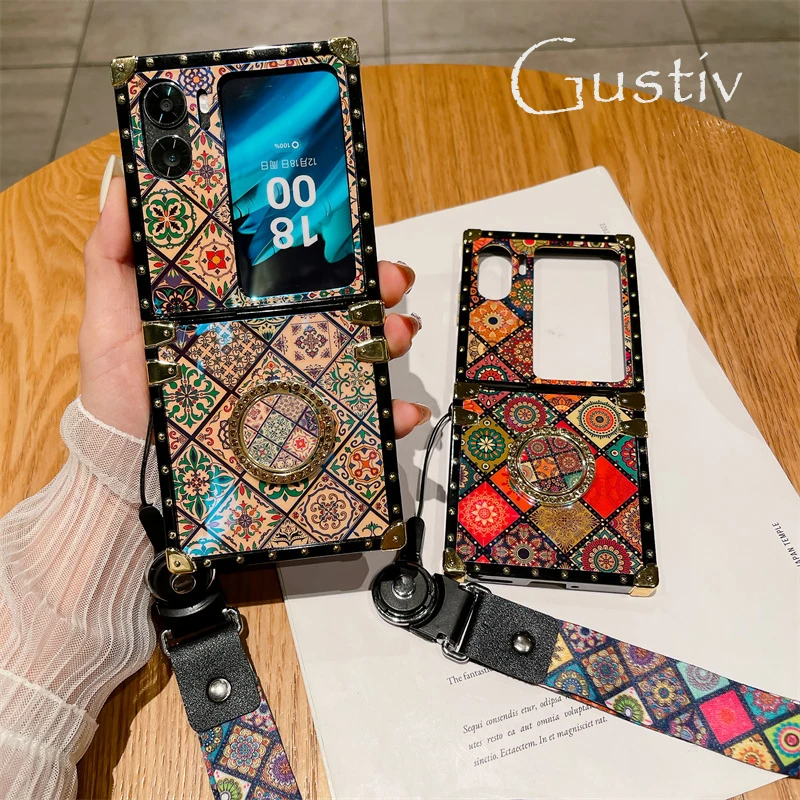 

Luxury Retro Ethnic Phone Case For OPPO Find N2 Flip Shockproof Square Soft TPU Cover With Ring Holder Lanyard For OPPO Find N2