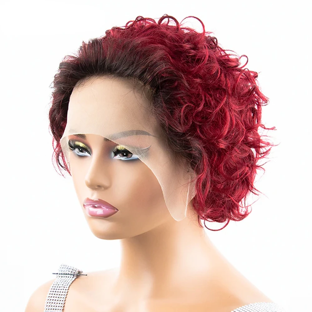 Short Curly Bob Wig Human Hair for Women T1B/99J Short Pixie cut Pre Plucked Natural Hairline Ombre Colored 13x1 Transparent Lac
