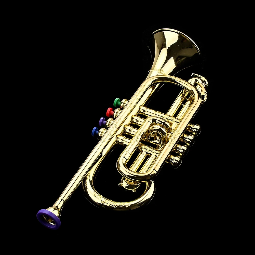 Professional Metallic Gold Trumpet Musical Educational Toy Kids Saxophone Trumpet with 4 Colored Keys Simulation Instrument