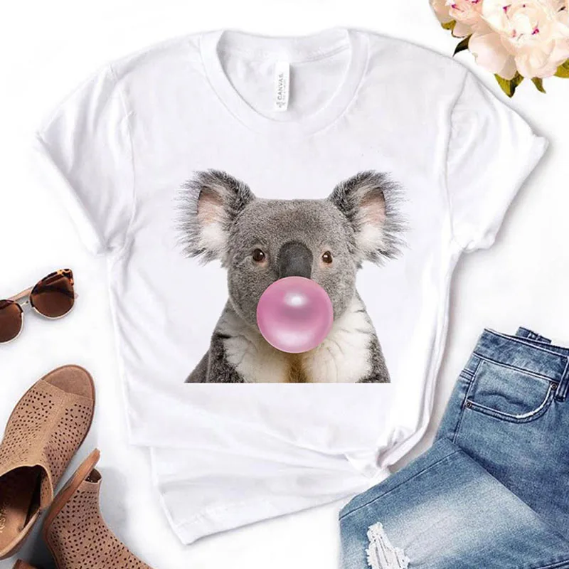 

2023 Women's T-shirt Koala chewing gum casual Harajuku t-shirt printing female t-shirt O-neck to his wife Yong Girl top T-shirt