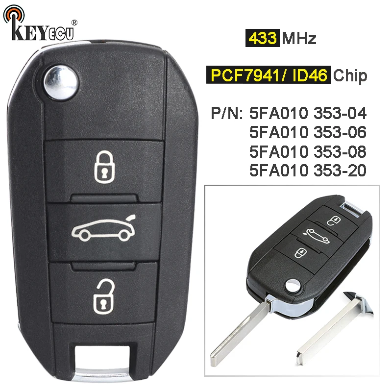 KEYECU 434MHz PCF7941 Chip 5FA010 353-04 / 06 / 20 Flip Remote Key Fob for Peugeot 508 Citroen C4-Cactus C-Elysee HU83 VA2