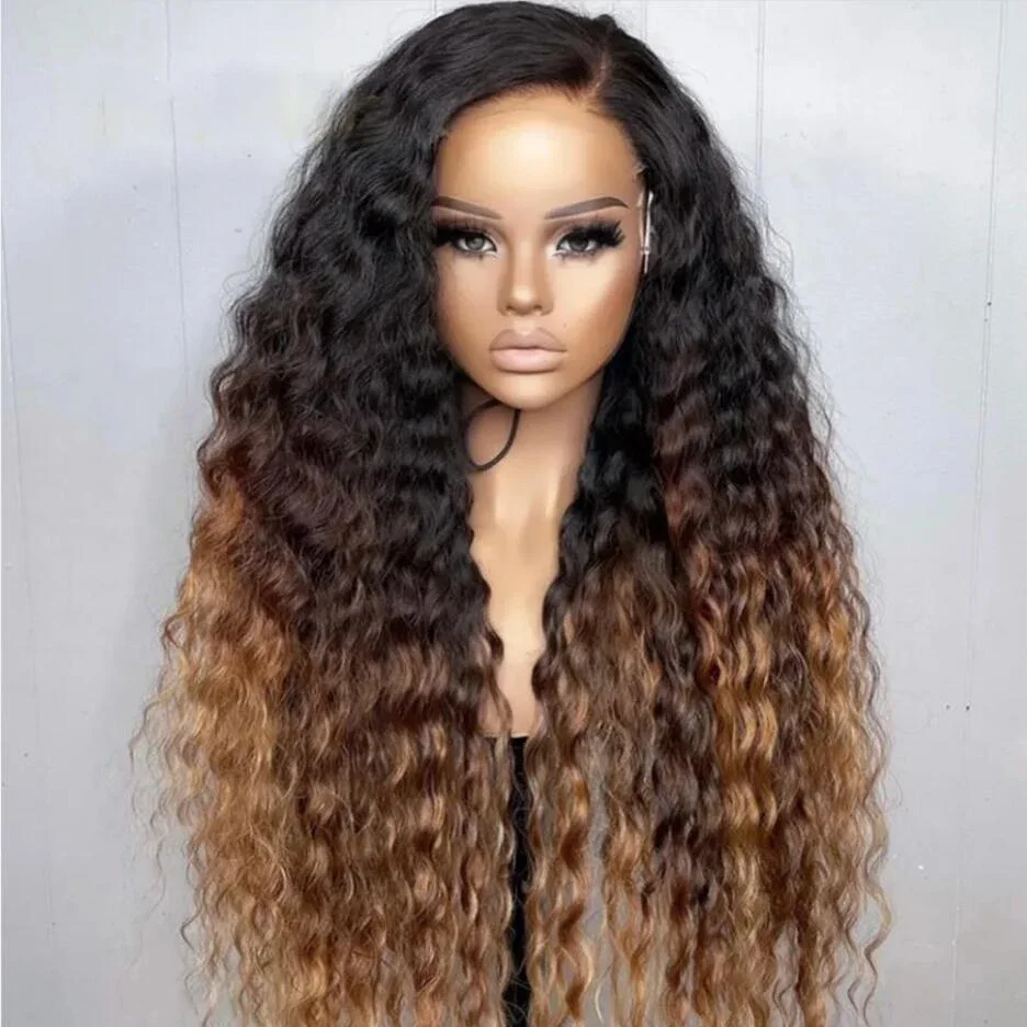 

26Long 180Density Ombre Blonde Brown Kinky Curly Lace Front Wig For Black Women Babyhair Heat Resistant Preplucked Glueless Wig