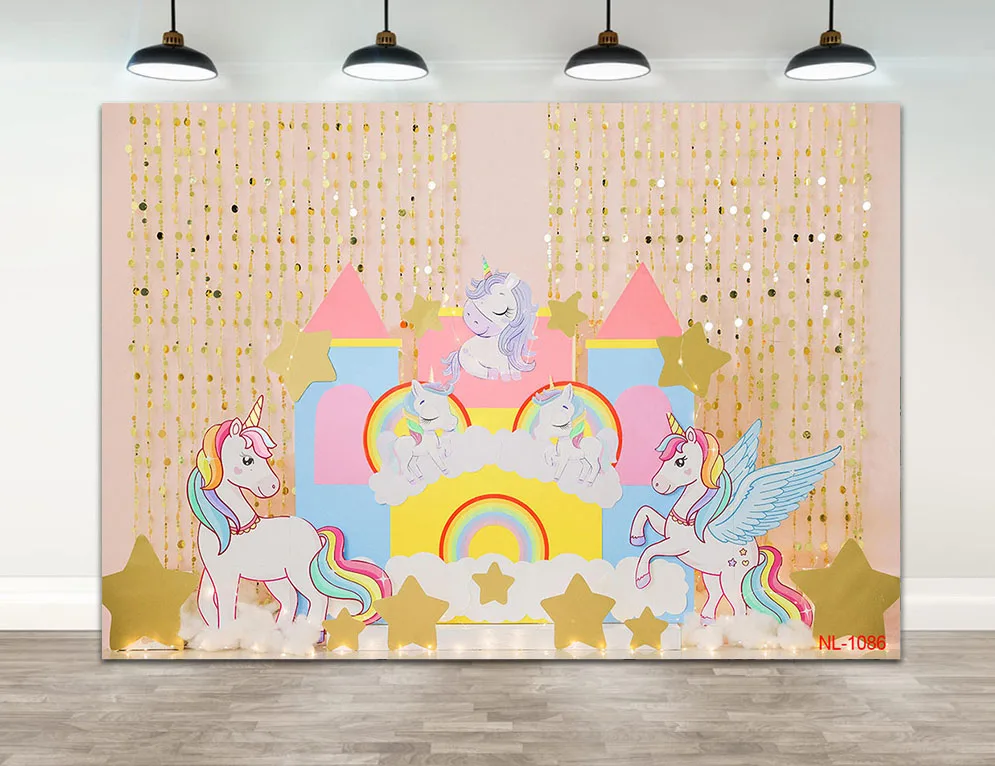 

Unicorn Backdrop Rainbow Clouds Stars Child Birthday Party Newborn Baby Shower Photography Background Customize Banner Photocall