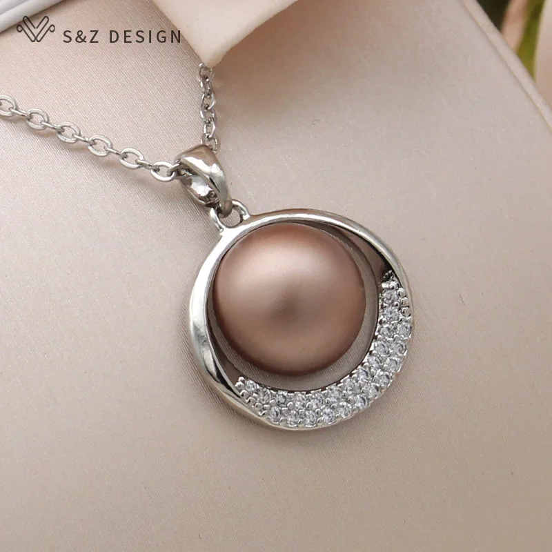 S&Z DESIGN New Fashion Round Simulated-pearl Pendant Necklace For Women Wedding 585 Rose Gold Color Cubic Zirconia Jewelry