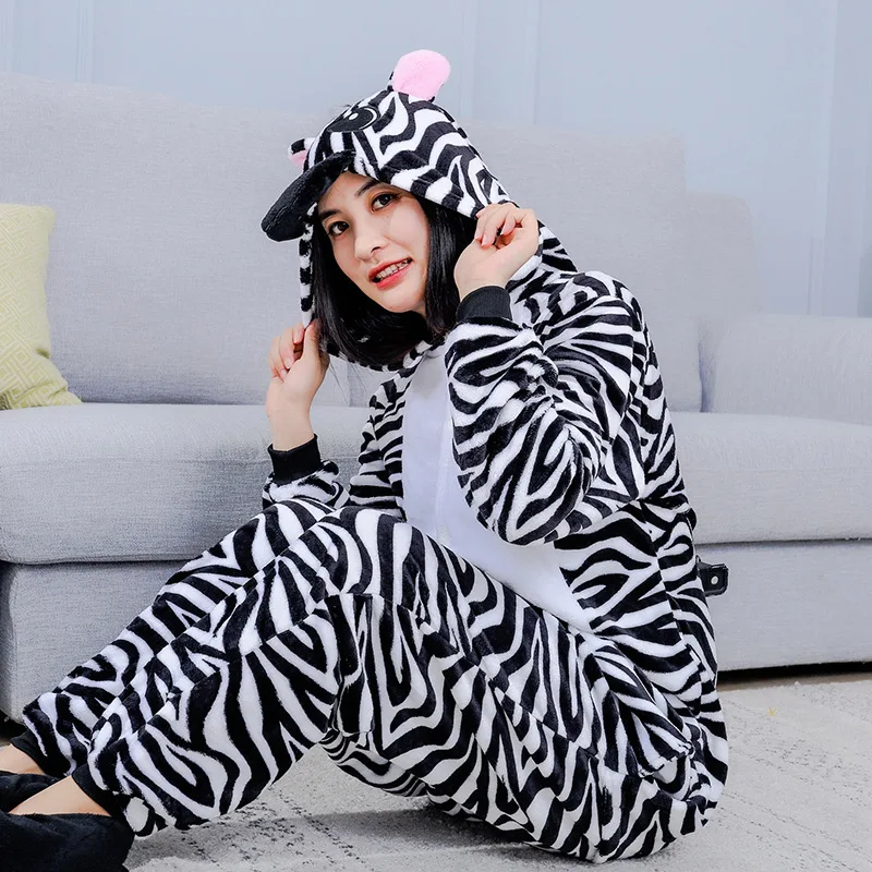 Zebra Nightgown Kigurumi Lingerie One Piece Pajamas Homewear Halloween Cosplay Costumes Fluffy Sleepwear For Adult Long Sleeve
