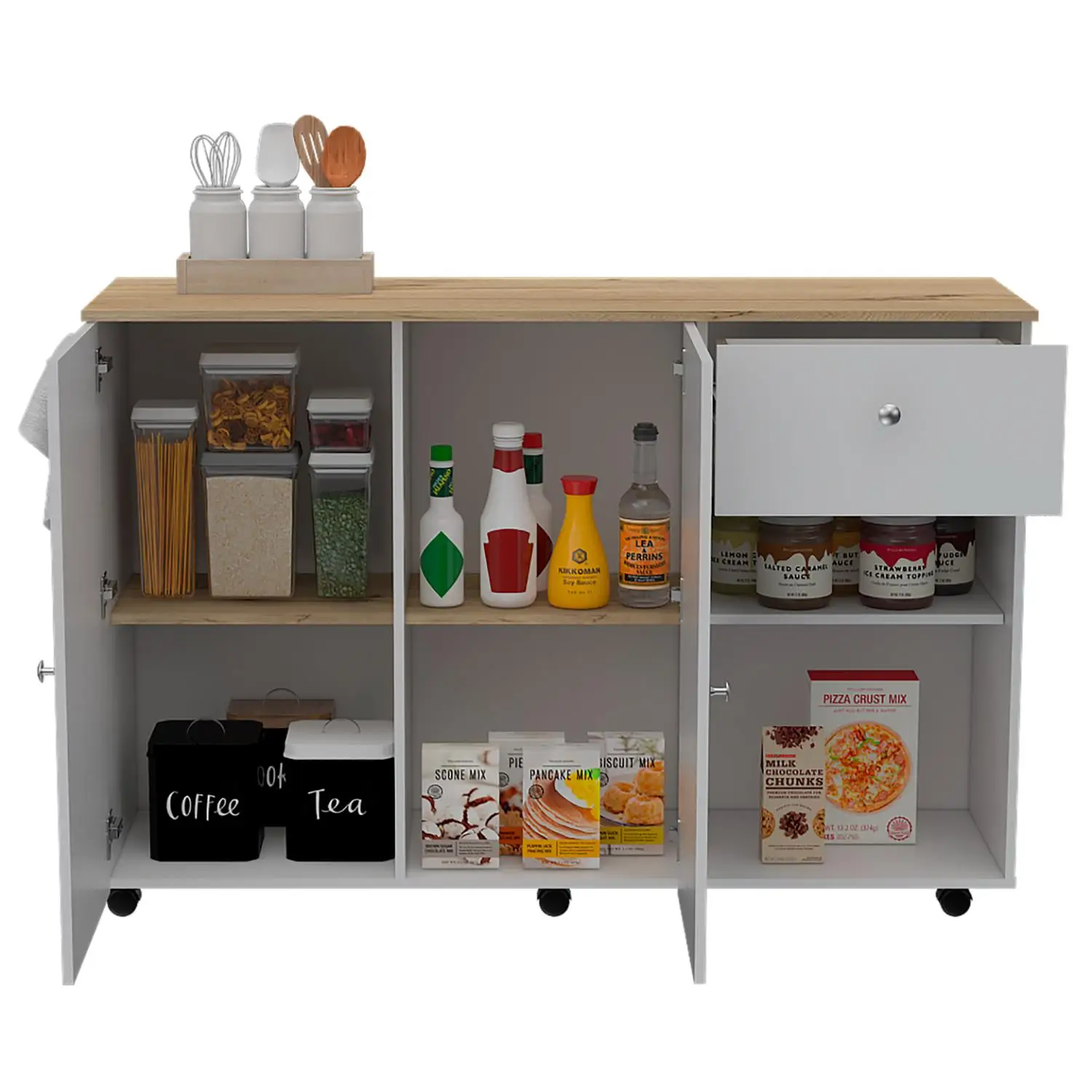 Kitchen Island Cart Victoria, Four Interior Shelves, Six Carters, One Drawer, Double Door Cabinet White / Light Oak 5
