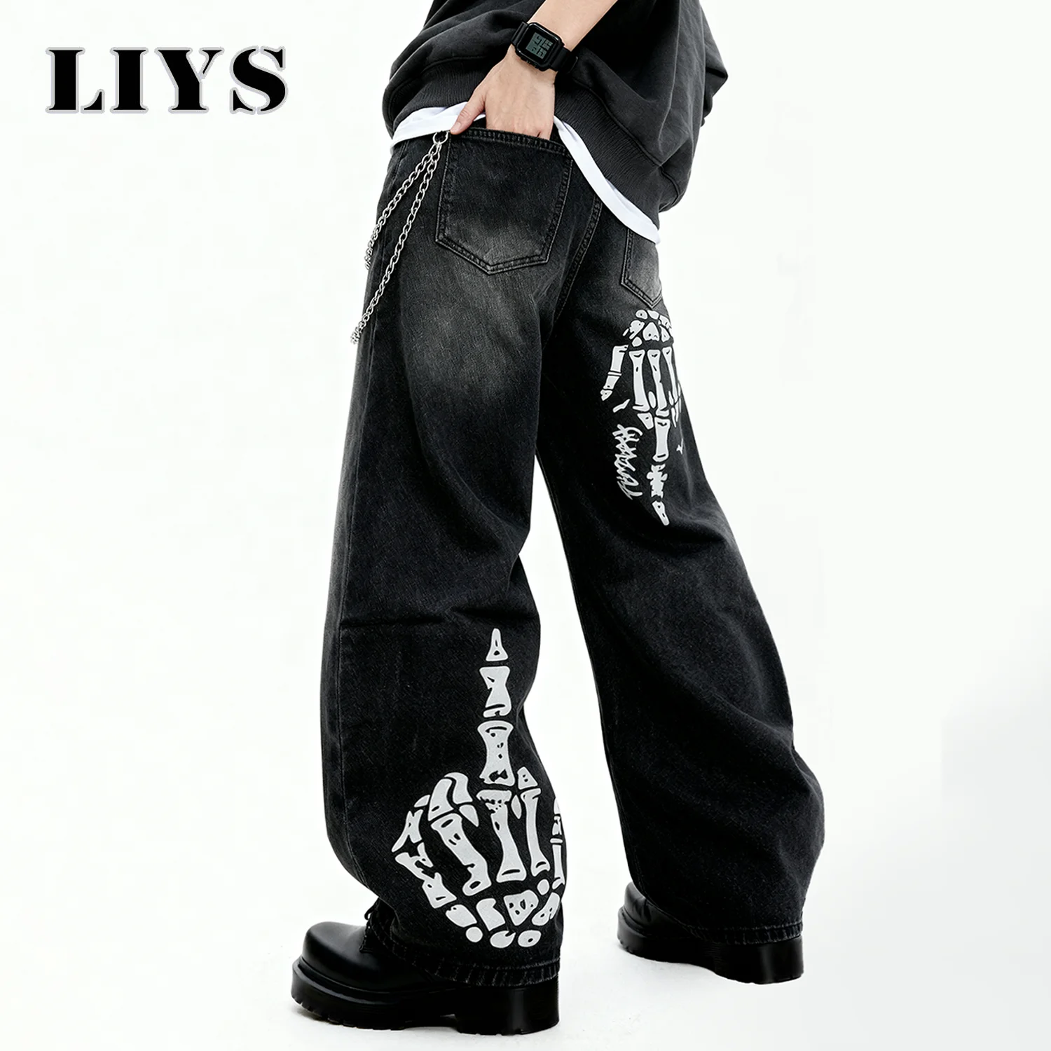 Skull Finger Print Baggy Wide Leg Jeans for Men Women Autumn