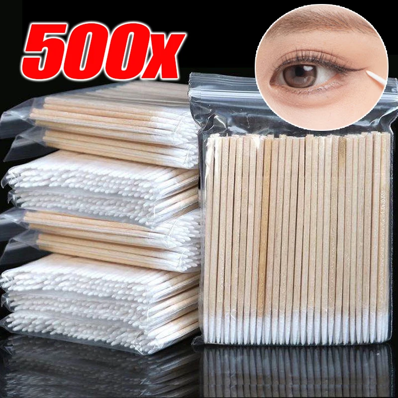 500PC Wood Cotton Swab Eyelash Extension Tools Ear Care Cleaning Cosmetic Buds Micro Brush Makeup Tools