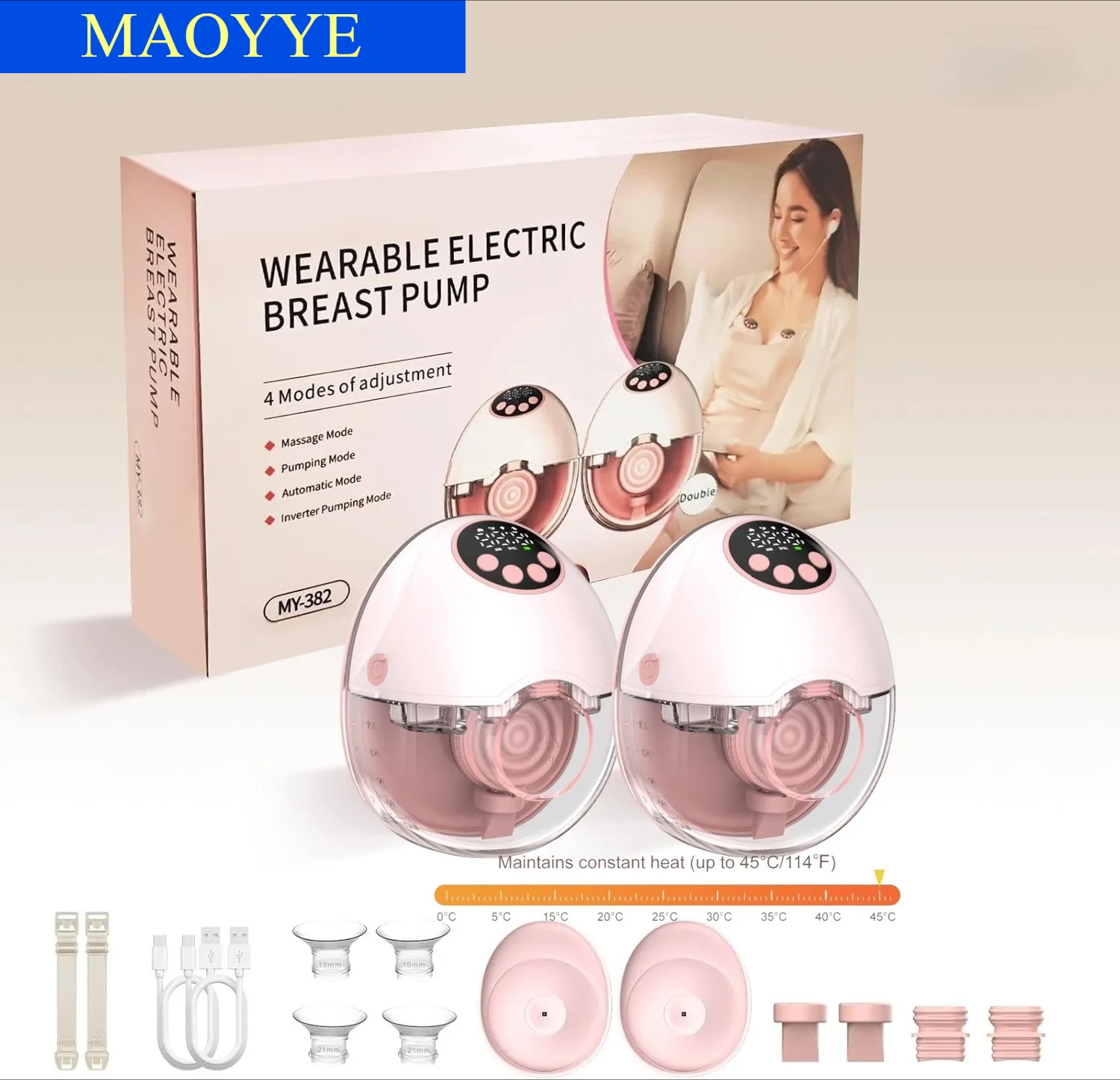 مضخة ثدي كهربائية لاسلكية بدون استخدام اليدين خالية من مادة BPA مع غطاء للتسخين والتعقيم بالأشعة فوق البنفسجية وترقية لاسلكية اختيارية