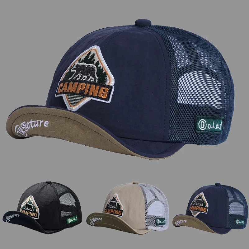 Big Size Short Visor Baseball Cap Breathable Dad Mesh 5 panel Caps Men Adjustable Bone Trucker Hat Outdoor Flat Brim Running Hat