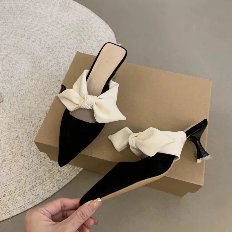 Summer Women Pointed Toe High Heels Sandals Bowknot Fashion Flower Slingback Slippers For women slingback sandals women high heels shoes women dress shoes