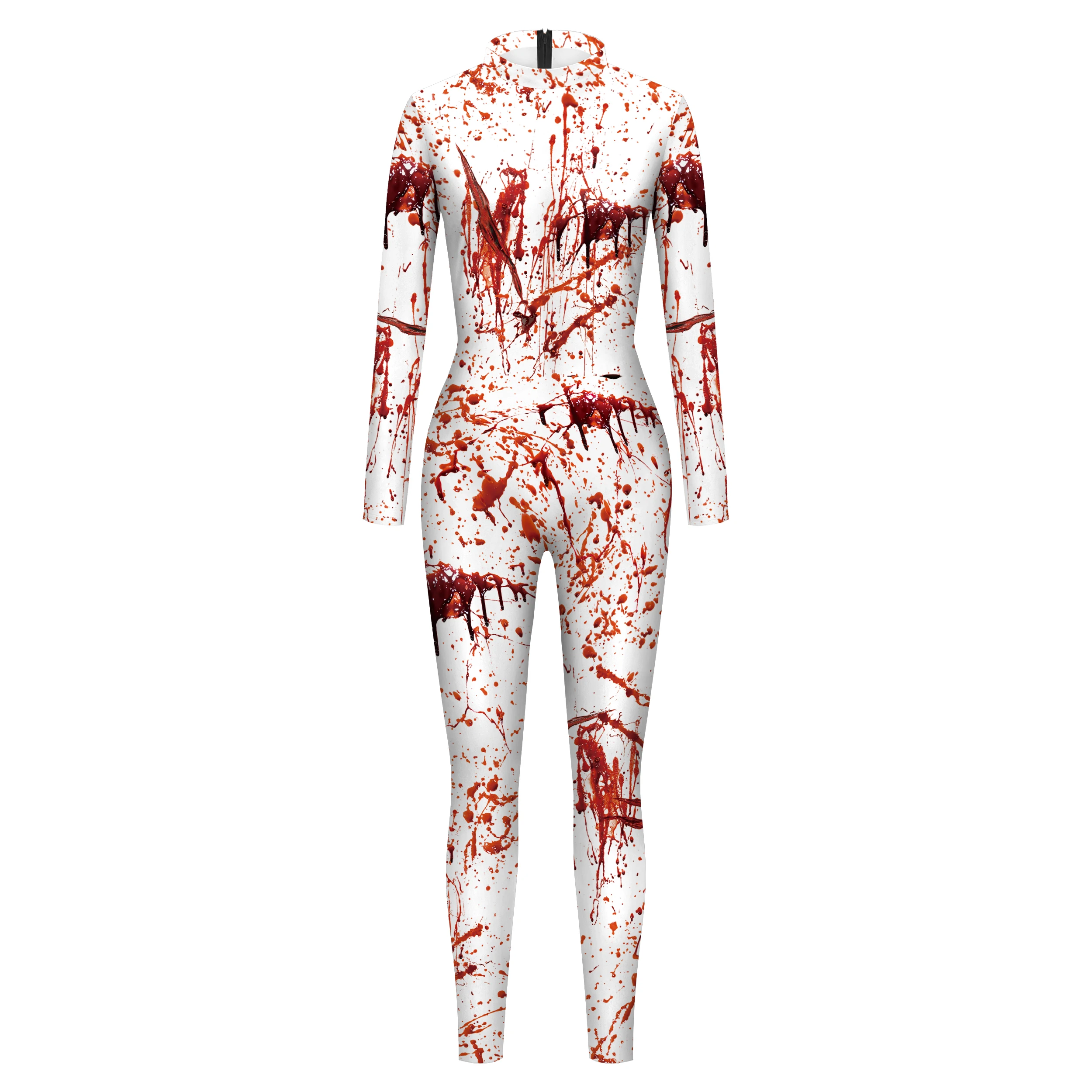 

VIP FASHION Carnival Purim Blood Print Costume for Women Funny Cosplay Bodysuit Holiday Party Clothes Back Zipper Print Jumpsuit