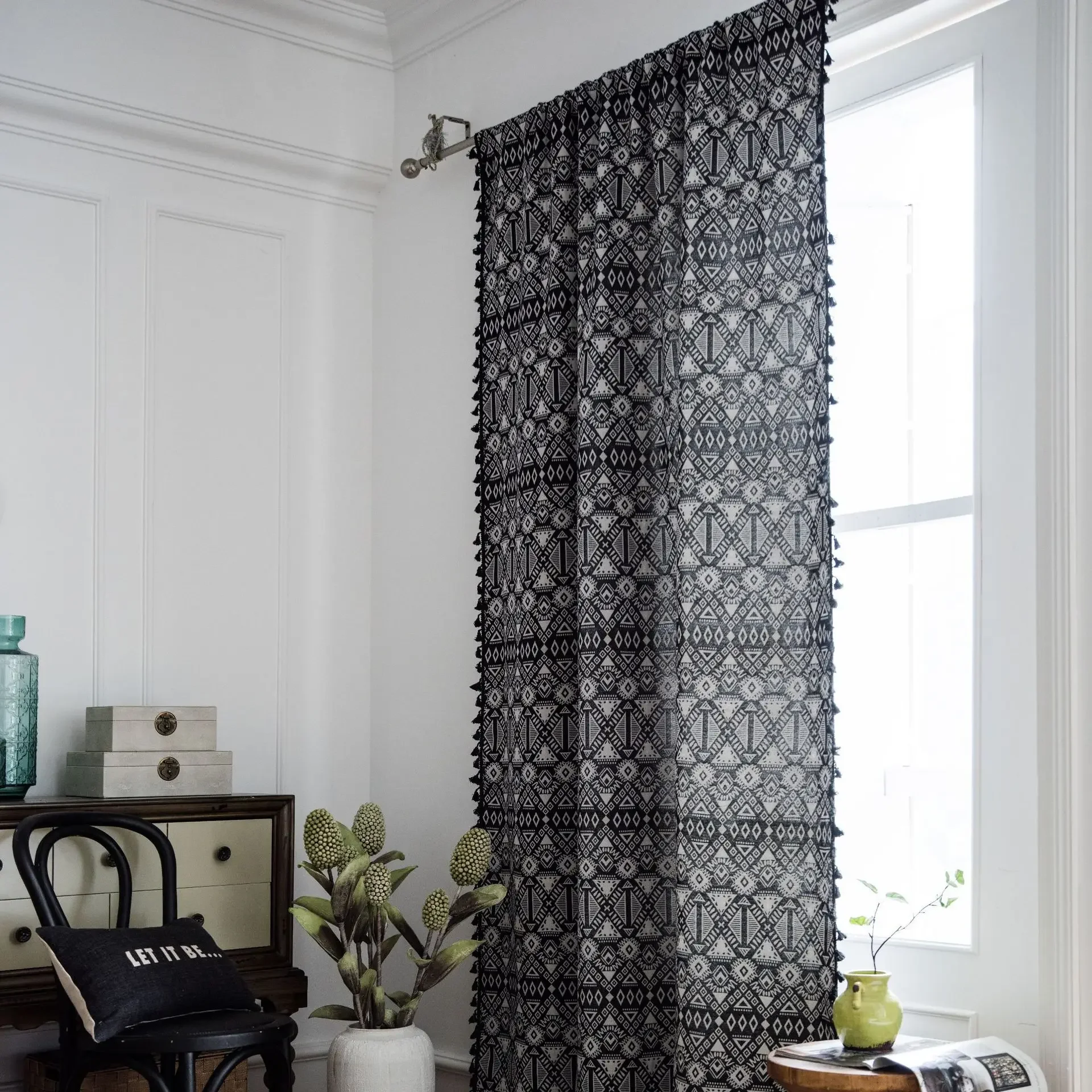 

Black Geometry Bohemia with Tassels Curtain Thick Blackout Curtains for Living Room American Vintage Drape Kitchen Valance