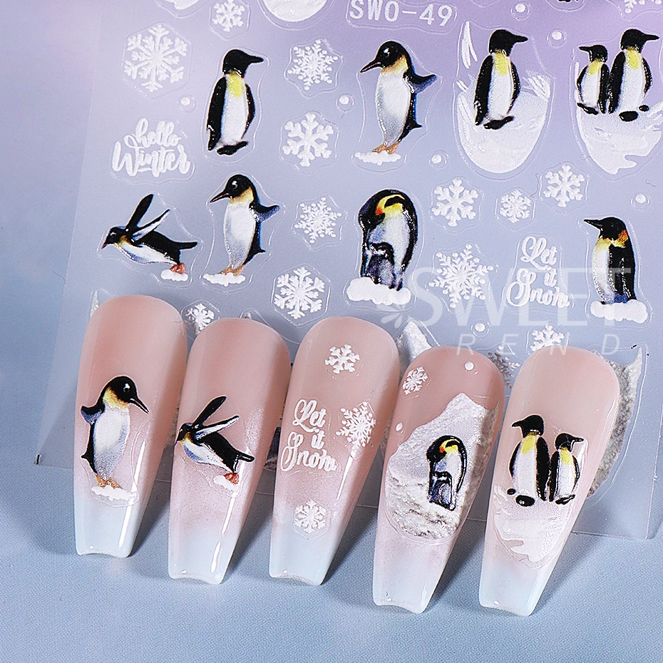 2pcs Cartoon Nail Stickers Winter Wolf Penguin Snowflake Rose Design Self Adhesive Sliders Nail Art Decals Manicure Decoration