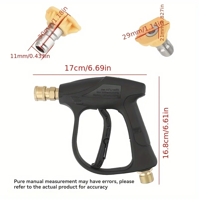 High Pressure Car Wash Gun, 4350PSI, M22-14/M22-15 Threads, 1/4" Quick Connect, 5 Nozzles, Durable Plastic, Battery-Free, Light 3