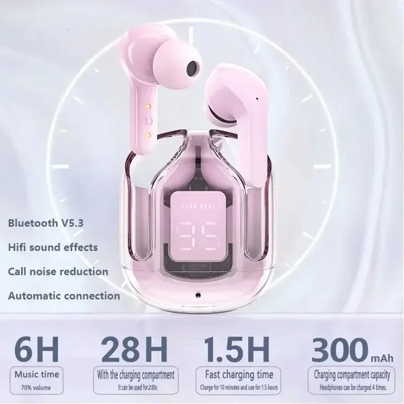 TWS Wireless Bluetooth Earphone Noise Canceling HiFi Stereo Sport Headphones with Digital Display Transparent Charging Case - Image 3