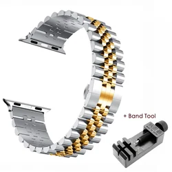 Premium Steel Strap for Apple Watch - Elegant Metal Replacement Bracelet (Silver Gold Tool)