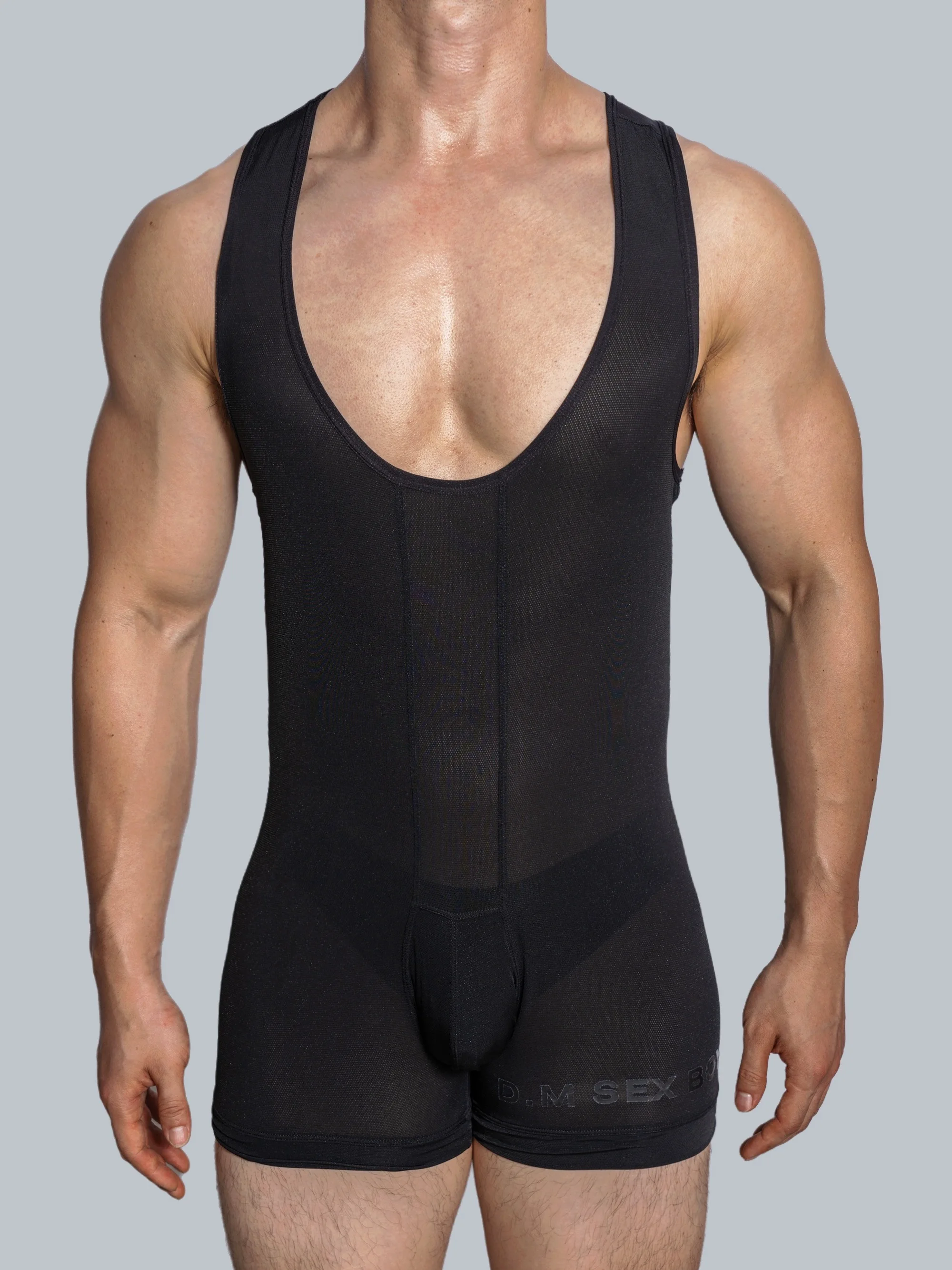 men jumpsuit thin ice silk breathable Shapewear mesh boxer pants trendy personality transparent suspenders summer