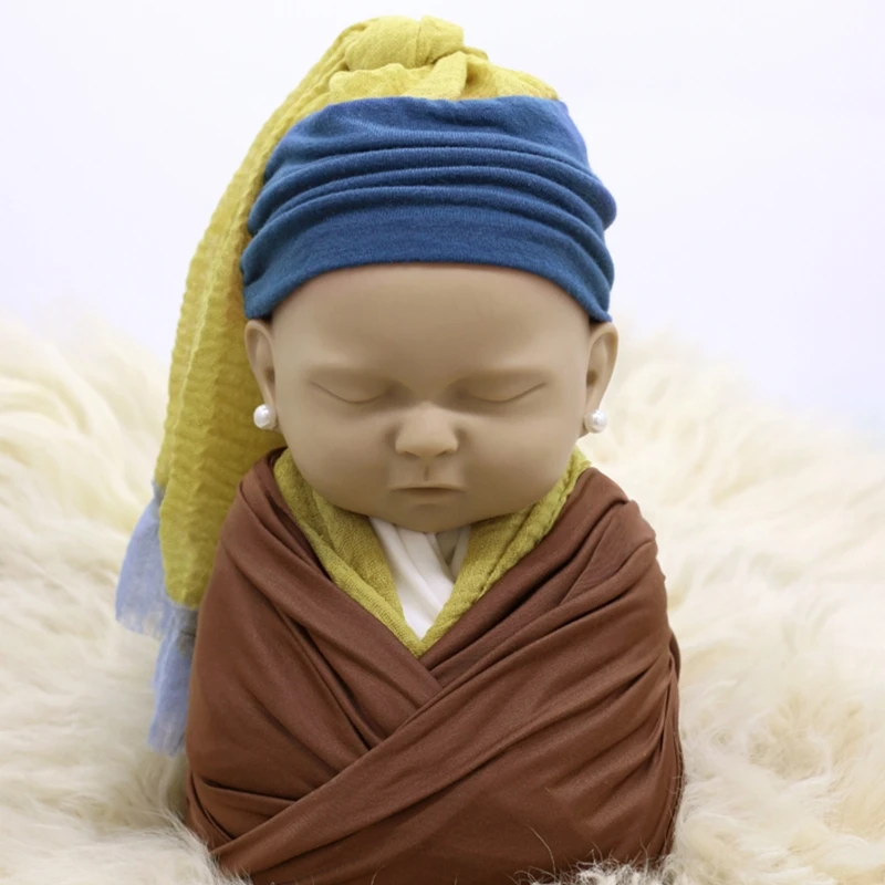 사진 소품 Swaddle Wrap 슬리핑 백 Sleepsack 담요  진주 귀 스터드 모자 Headwrap Turban Long Tail Beanie