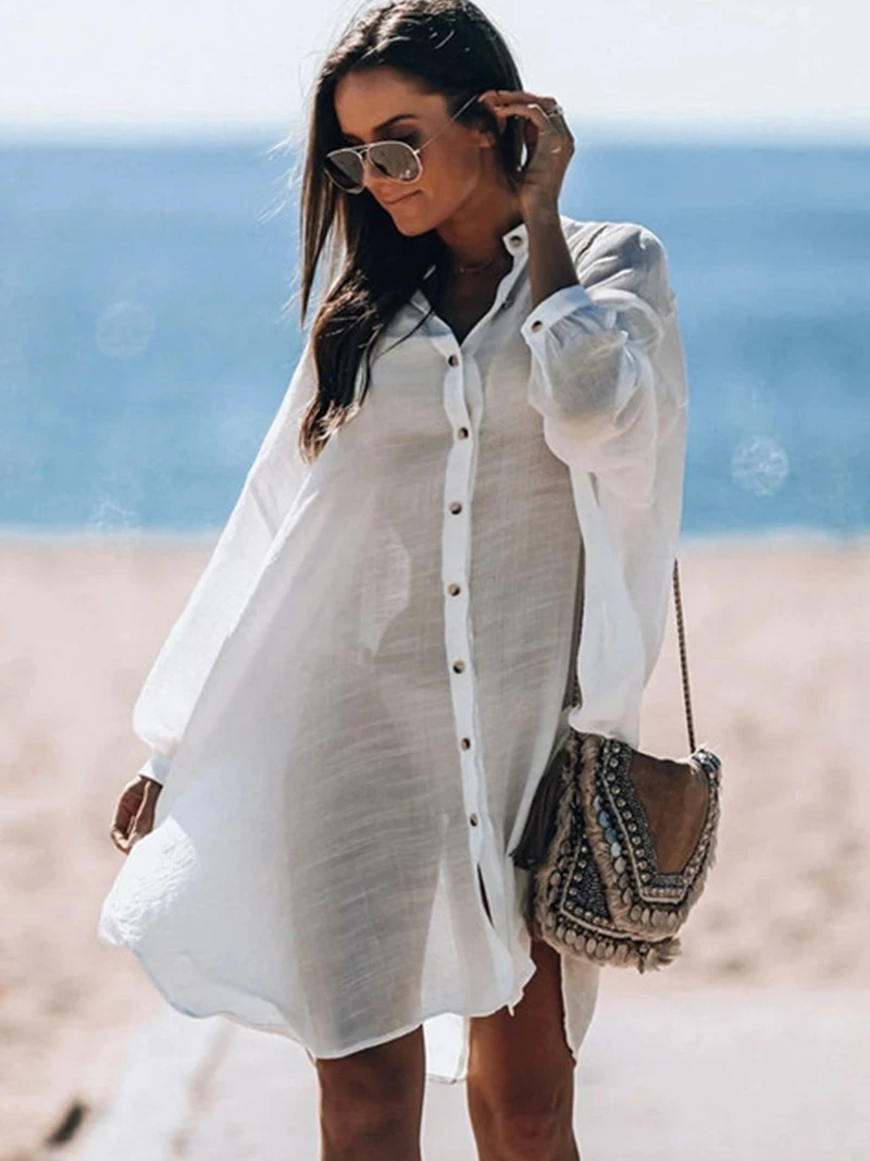 

Bikini Cover-Ups Elegant Hollow Out Deep Summer Beach Dress White Cotton Tunic Women Beach Wear Swim Suit Cover Up