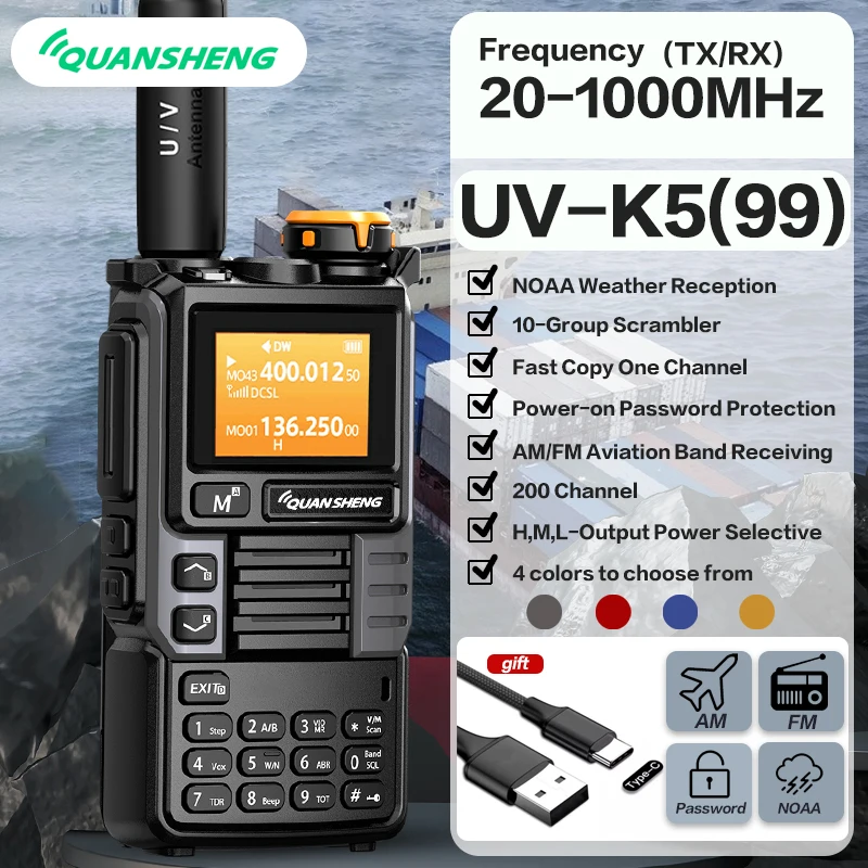 quansheng uv k5 air band walkie talkie любительская двухсторонняя радиостанция uhf vhf 200ch full band ht с каналом noaa am satcom Quansheng UV-K6 Walkie Talkie 5W Air Band Radio Tyep C Charge UHF VHF DTMF FM Scrambler NOAA Беспроводная Частота двухсторонняя CB Radio