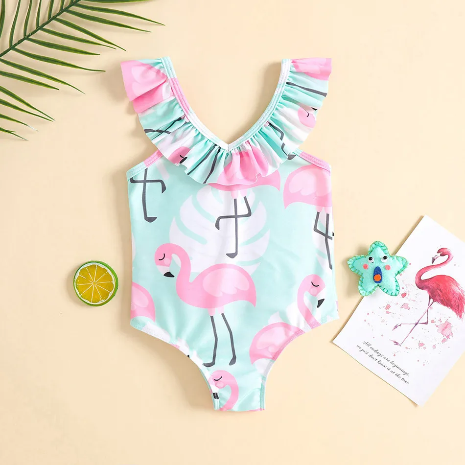 

Kids Instagram Flamingo Print Swimsuit V Neck Ruffled Halter One Piece Bathing Suit Hot Spring Beach One Piece Bathing Suit