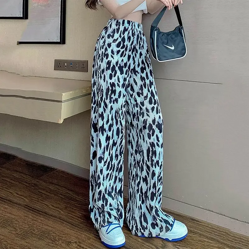 

Leopard Print Elastic Waist Wide Leg Pants Women Summer 2022 New High Waist Straight Casual Pants Korean Fashion Female Pants