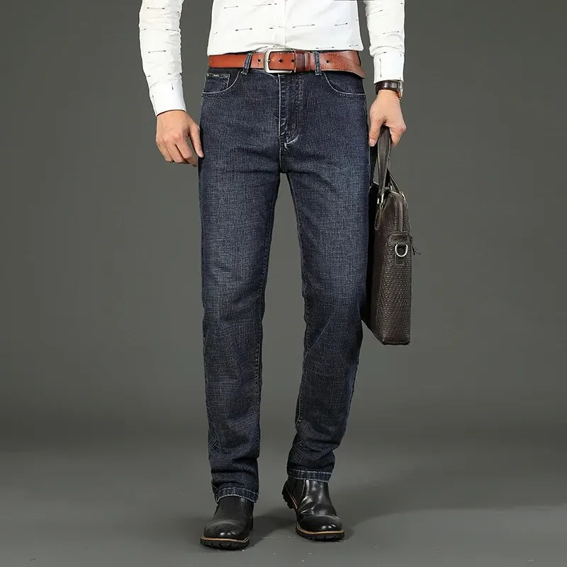 Business Men' Jeans Straight Stretch Classic Blue Black Work Denim Pant...