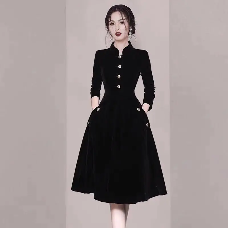 12762 Black High Collar Button Detail Dress