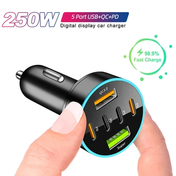 Caricabatteria da auto da 250 W 8/6 porte Ricarica rapida PD QC3.0 Adattatore per caricabatterie per telefono automatico USB tipo C in auto per iPhone Samsung Huawei Xiaomi