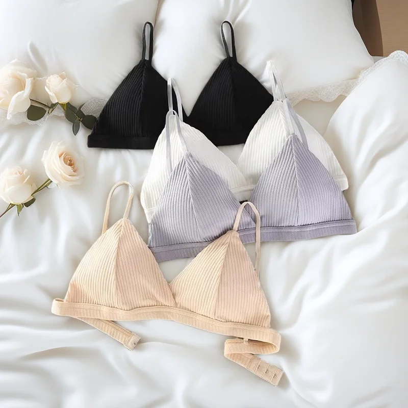 Women Cotton Push-Up Bra Ribbed Triangle Cup Bralette Wire-Free Bras Ladies Sexy Lingerie Simple Low Back Single Hook Underwear 2