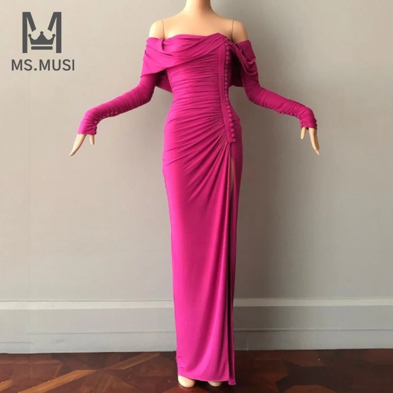 

MSMUSI 2023 New Fashion Women Sexy Off The Shoulder Button Draped Fold Long Sleeve Bodycon Party Club Event Midi Dress Vestidos