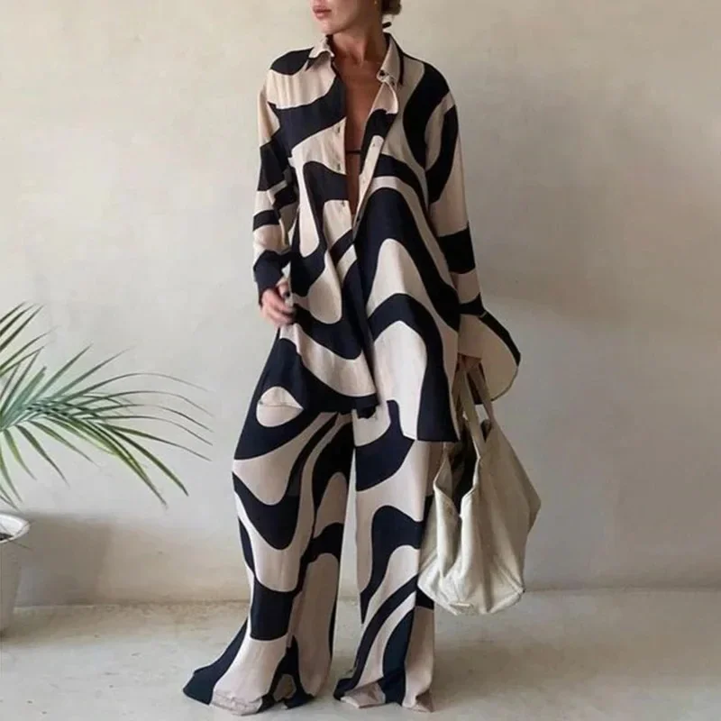 

New Arrivals Sense Design 2024 Spring Summer New Women's Clothing Vacation Style Printed Cardigan Loose Wide Leg Leisure Two-P