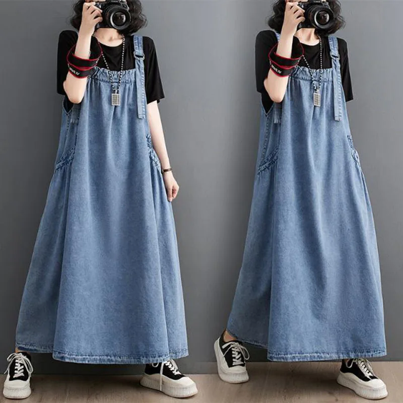 

New Spring Summer Women Denim Suspender Dress Oversized Long Casual Braces Skirt Vintage Female Sleeveless Large Swing Dresses