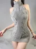 Lingerie Women's Sexy Hollow Out Mature Bvold Deep V High Neck Knitted Short Sweater Open Back Open Chest Temptation Dress T39G 1