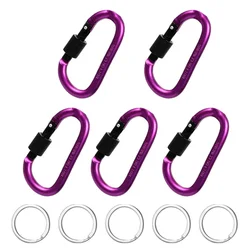 Aluminum Alloy Carabiner Keychain Set - 5-Piece Camping and Outdoor Hooks (D-5 Purple With Ring)