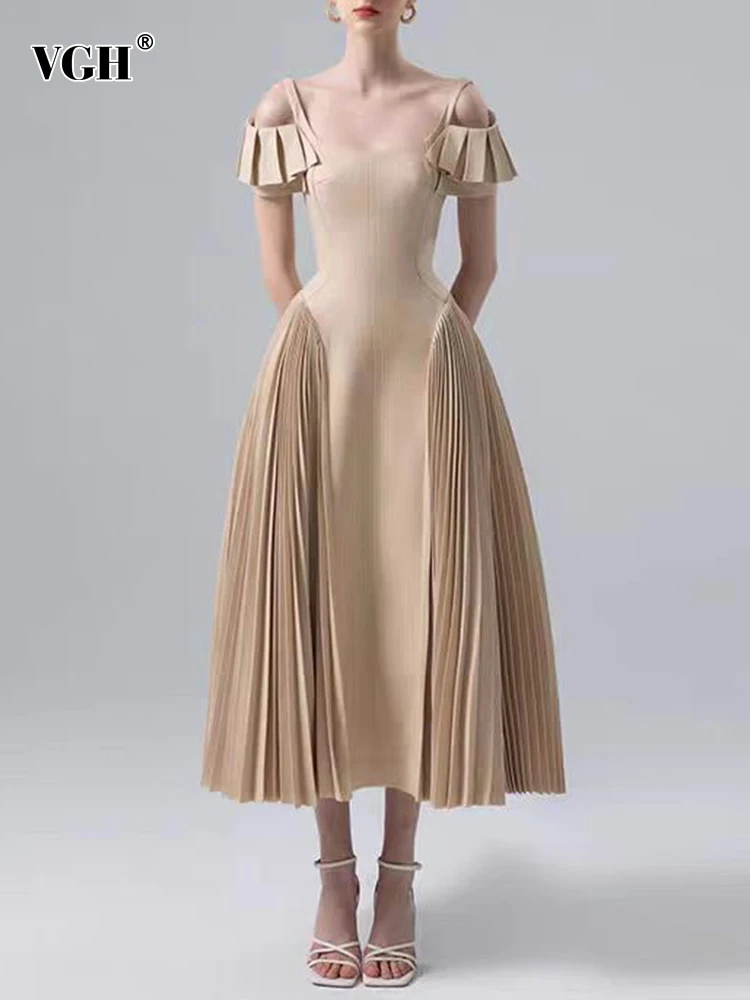 

VGH Spliced Folds Vintage Dresses For Women Square Collar Short Sleeve High Waist Off Shoulder Camisole Dress Female Fashion New