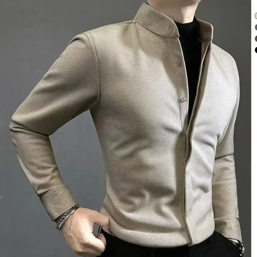 Spring Autumn Male Stand Collar Thick Warm Bottoming Shirt Homme Long Sleeve Casual Fashion Vintage Buttons Blouse Men Top Homme