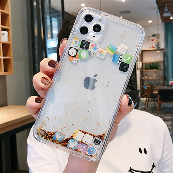 Quicksand Cover for iPhone 13 12 11 Pro Max Liquid Hard Phone Shell for iPhone 6 6S 7 8 Plus X XR XS Cute Apps Icon Case