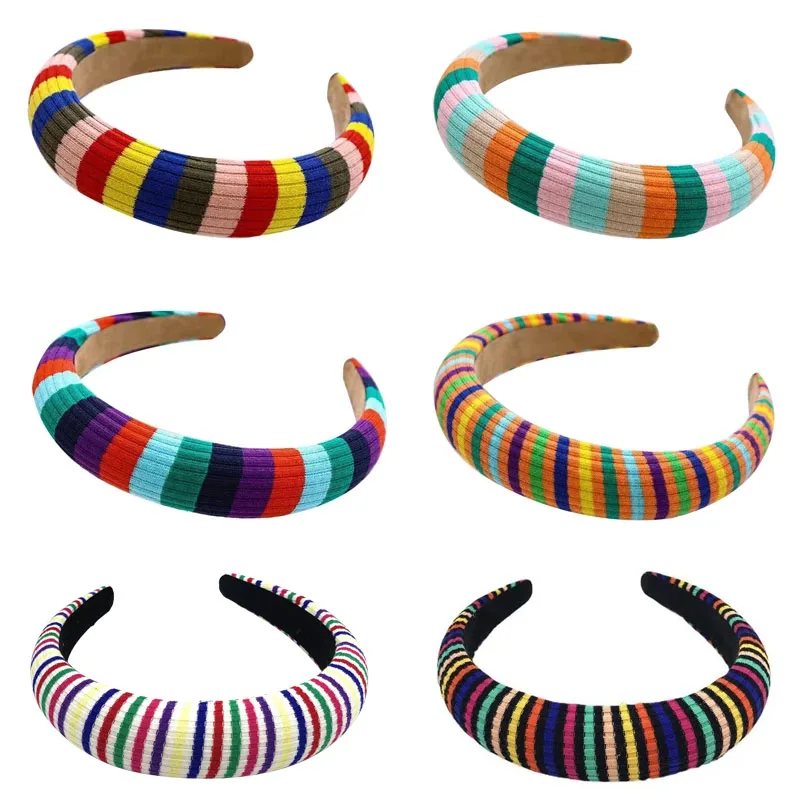 Knitting Rainbow Headband Sponge Hairband Adult Wool Knit Strip Hair Band Girls Patchwork Bohemian Hair Accessories Turban Adult